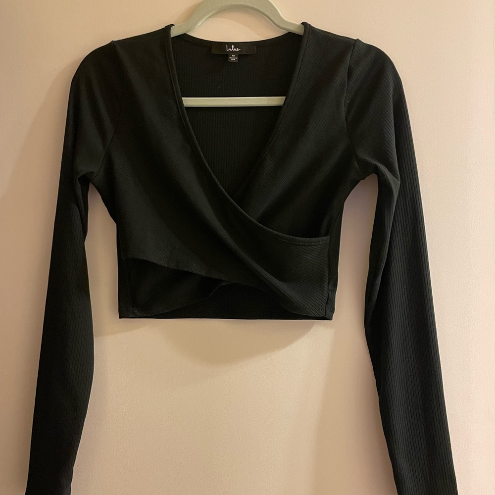 NEVER WORN! Black Ribbed Cross Front Long Sleeve Top